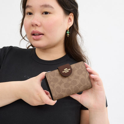 Coach Medium Corner Zip Wallet In Signature Canvas Gold/Tan/Brown