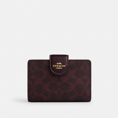 Coach Medium Corner Zip Wallet In Signature Canvas Gold/Black Currant