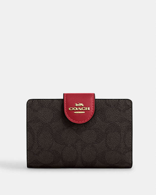 Medium Corner Zip Wallet In Signature Canvas Signature Canvas-Im-Walnut-True Red Signature Canvas-Im-Walnut-True Red