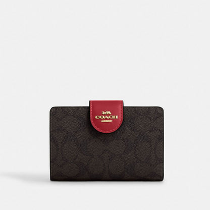 Coach Medium Corner Zip Wallet In Signature Canvas Gold Walnut True Red