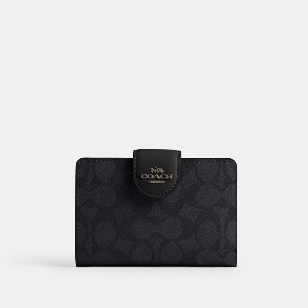 Coach Medium Corner Zip Wallet In Signature Canvas Gunmetal/Charcoal/Black