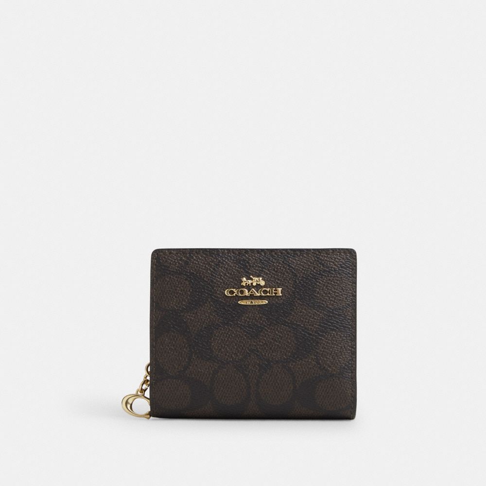 Coach Snap Wallet In Signature Canvas Gold Walnut Black