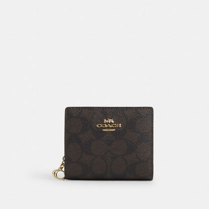 Coach Snap Wallet In Signature Canvas Gold Walnut Black