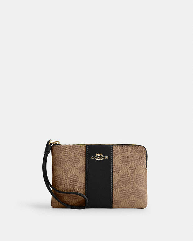 Corner Zip Wristlet In Signature Canvas With Stripe Signature Canvas-Gold-Tan-Black Signature Canvas-Gold-Tan-Black