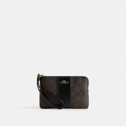 Coach Corner Zip Wristlet In Signature Canvas With Stripe Gold Walnut Black