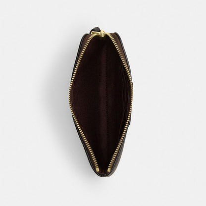Coach Corner Zip Wristlet In Signature Canvas With Stripe Gold/Walnut/Black