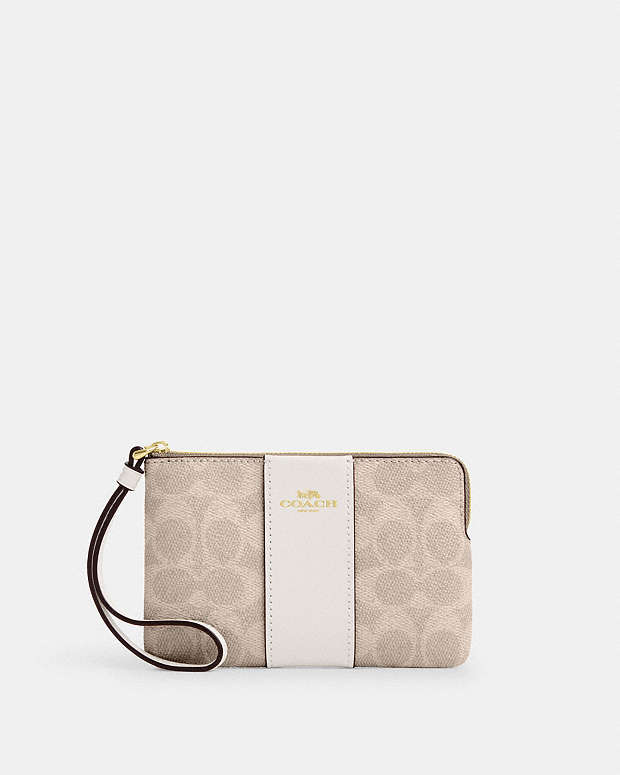 Corner Zip Wristlet In Signature Canvas With Stripe Signature Canvas-Gold-Sand-Chalk Signature Canvas-Gold-Sand-Chalk