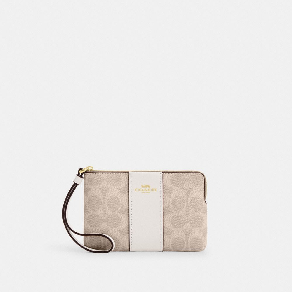 Coach Corner Zip Wristlet In Signature Canvas With Stripe Gold Sand Chalk