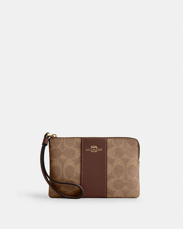 Corner Zip Wristlet In Signature Canvas With Stripe Signature Canvas-Gold-Tan-Brown Signature Canvas-Gold-Tan-Brown