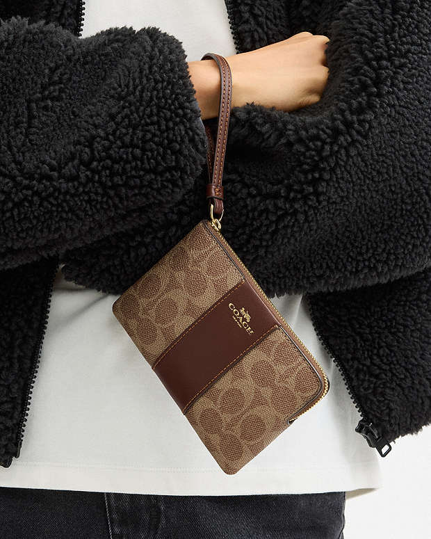 Corner Zip Wristlet In Signature Canvas With Stripe Signature Canvas-Gold-Tan-Brown Signature Canvas-Gold-Tan-Brown