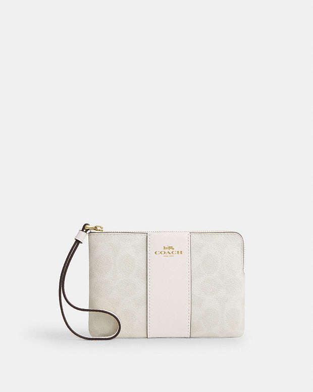 Corner Zip Wristlet In Signature Canvas With Stripe Signature Canvas-Gold-White-Chalk Signature Canvas-Gold-White-Chalk