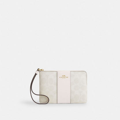 Coach Corner Zip Wristlet In Signature Canvas With Stripe Gold White Chalk