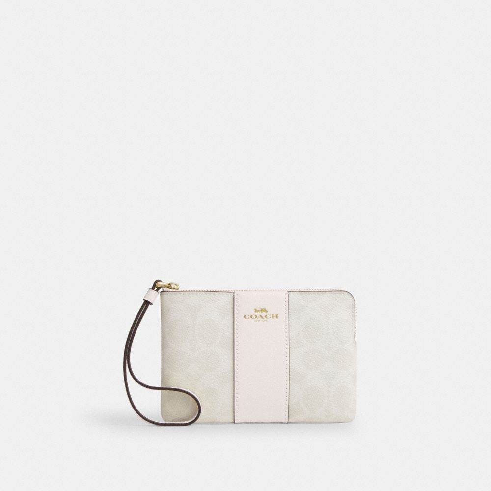 Coach Corner Zip Wristlet In Signature Canvas With Stripe Gold/White/Chalk