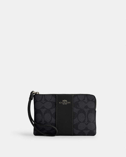 Corner Zip Wristlet In Signature Canvas With Stripe Signature Canvas-Gunmetal-Charcoal-Black Signature Canvas-Gunmetal-Charcoal-Black