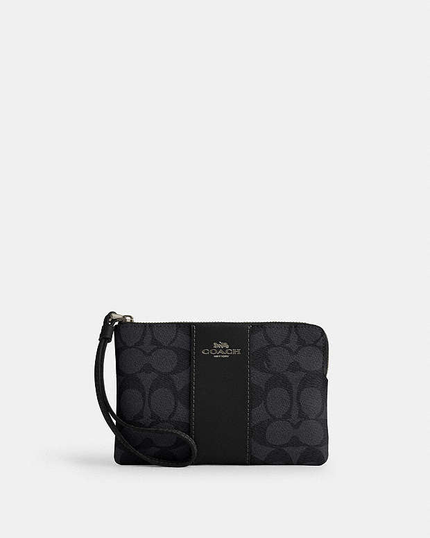 Corner Zip Wristlet In Signature Canvas With Stripe Signature Canvas-Gunmetal-Charcoal-Black Signature Canvas-Gunmetal-Charcoal-Black