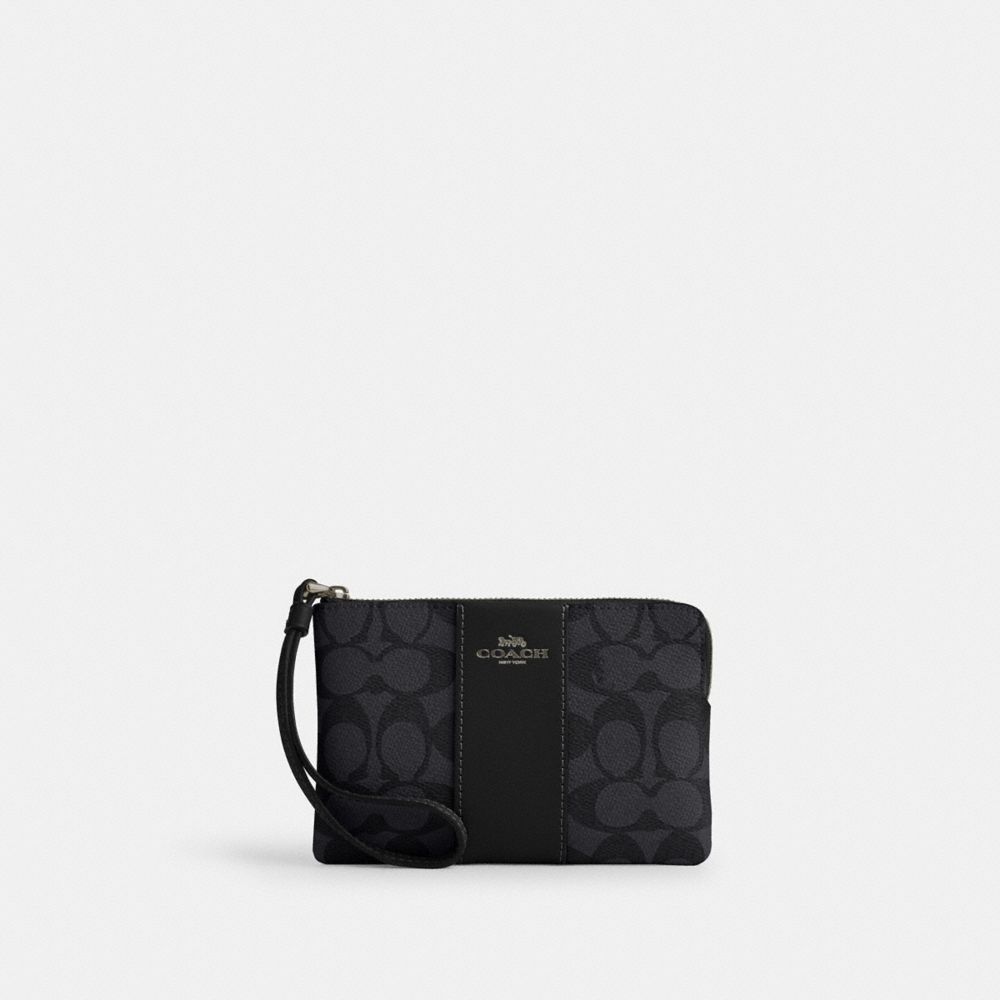 Coach Corner Zip Wristlet In Signature Canvas With Stripe Gunmetal/Charcoal/Black