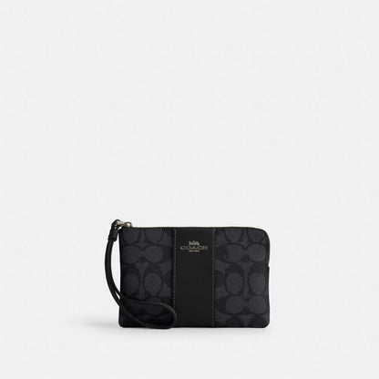Coach Corner Zip Wristlet In Signature Canvas With Stripe Gunmetal/Charcoal/Black