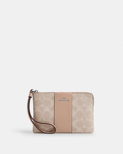 Corner Zip Wristlet In Signature Canvas With Stripe Signature Canvas-Silver-Sand-Taupe Signature Canvas-Silver-Sand-Taupe