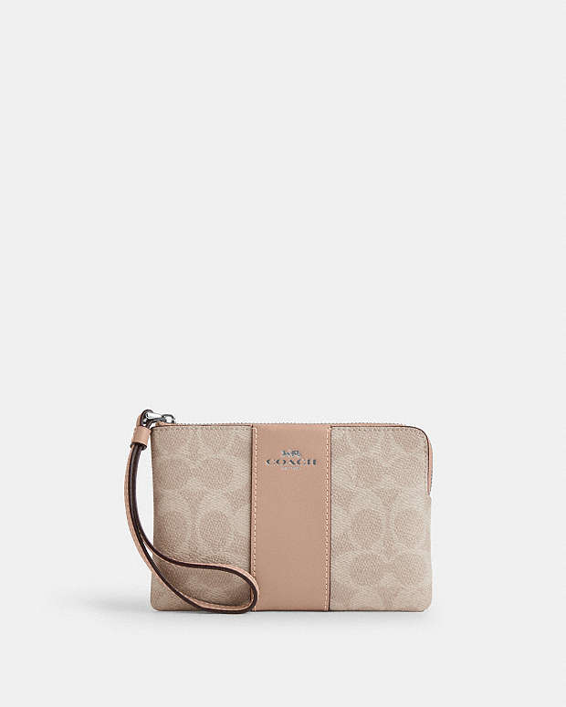 Corner Zip Wristlet In Signature Canvas With Stripe Signature Canvas-Silver-Sand-Taupe Signature Canvas-Silver-Sand-Taupe