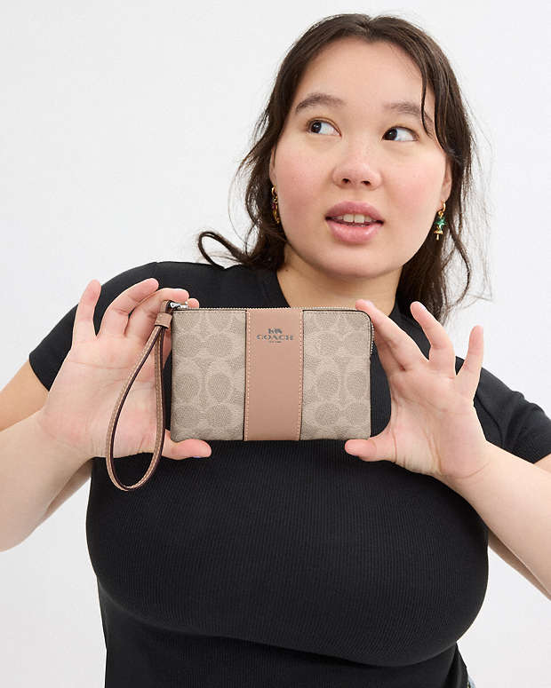 Corner Zip Wristlet In Signature Canvas With Stripe Signature Canvas-Silver-Sand-Taupe Signature Canvas-Silver-Sand-Taupe