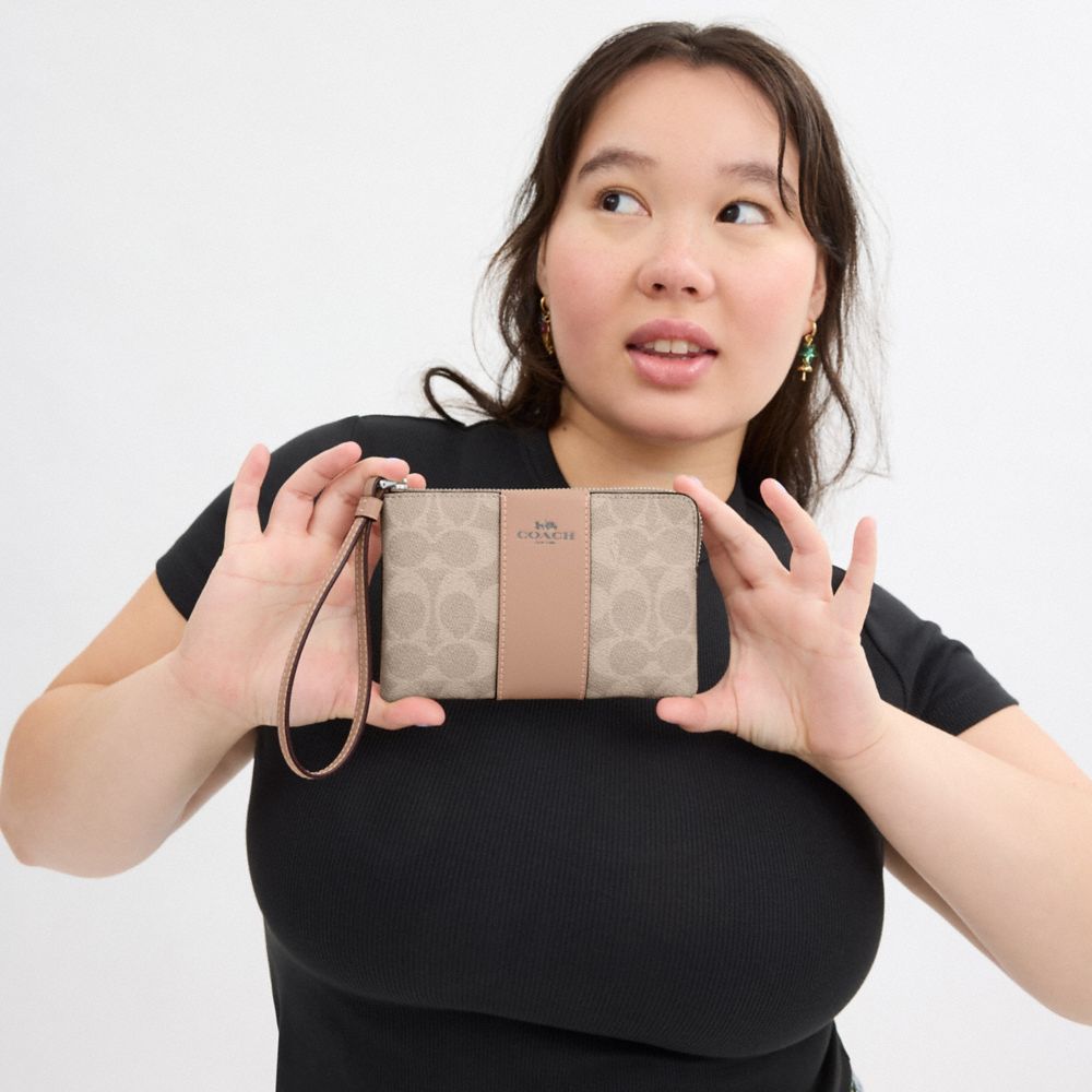 Corner Zip Wristlet In Signature Canvas With Stripe Signature Canvas-Silver-Sand-Taupe Signature Canvas-Silver-Sand-Taupe