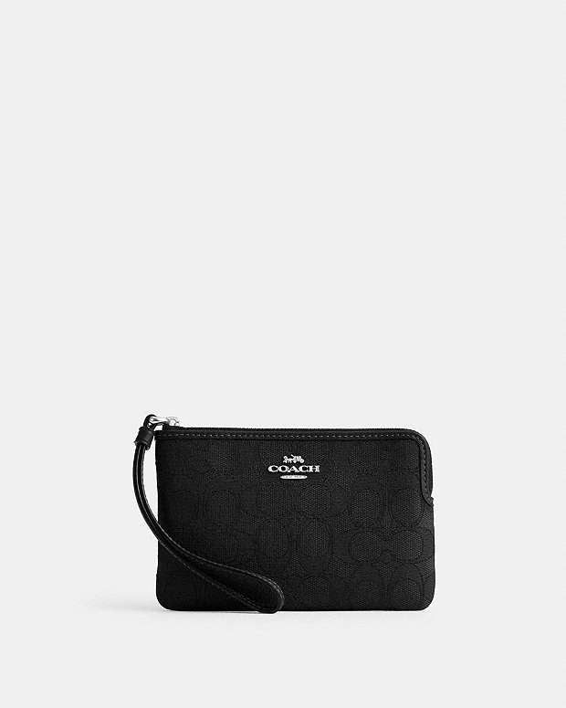 Corner Zip Wristlet In Signature Jacquard Non Leather-Silver-Black Non Leather-Silver-Black