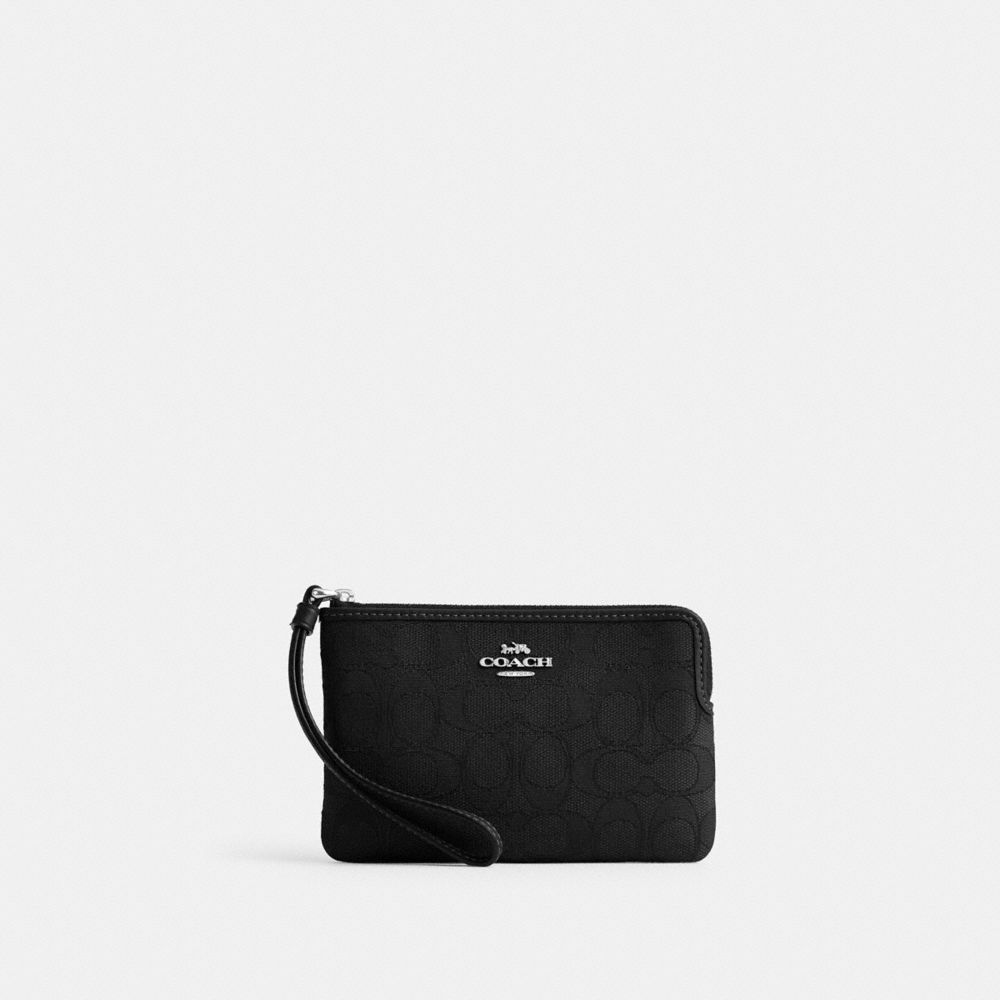 Corner Zip Wristlet In Signature Jacquard Non Leather-Silver-Black Non Leather-Silver-Black