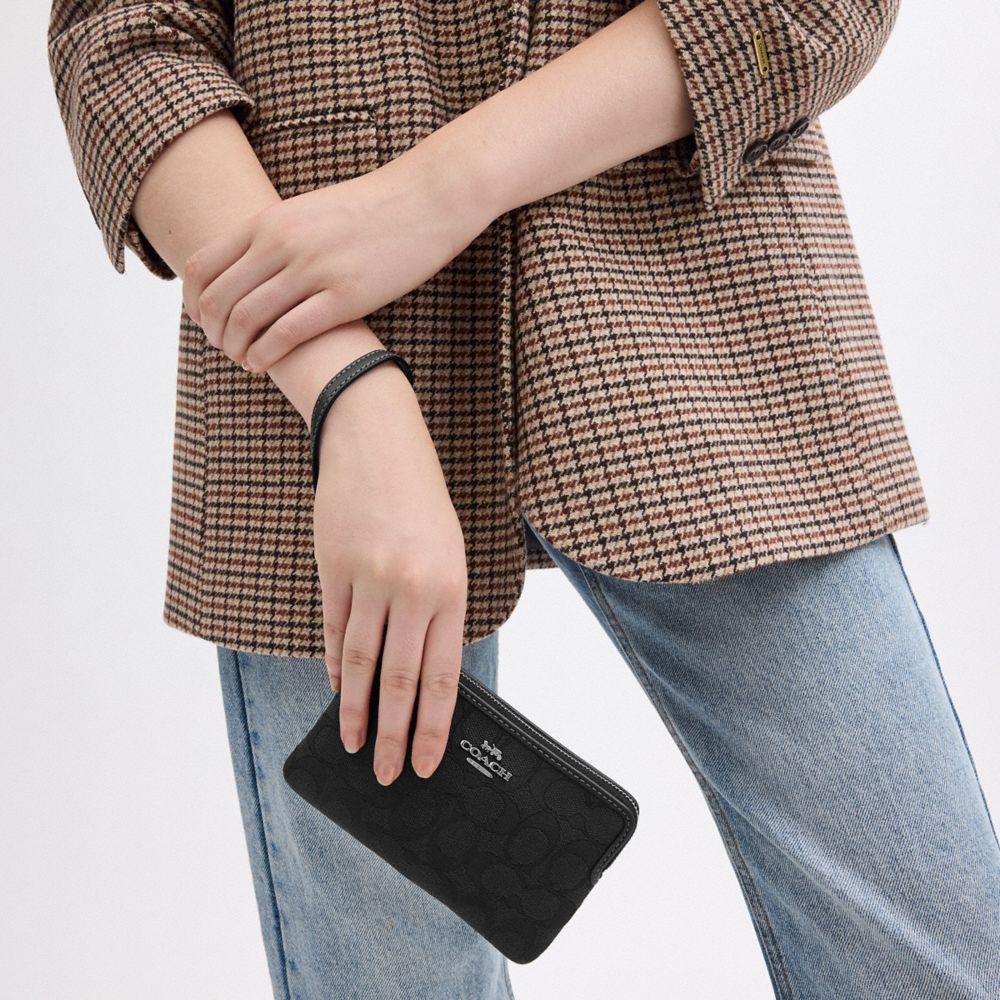Corner Zip Wristlet In Signature Jacquard Non Leather-Silver-Black Non Leather-Silver-Black