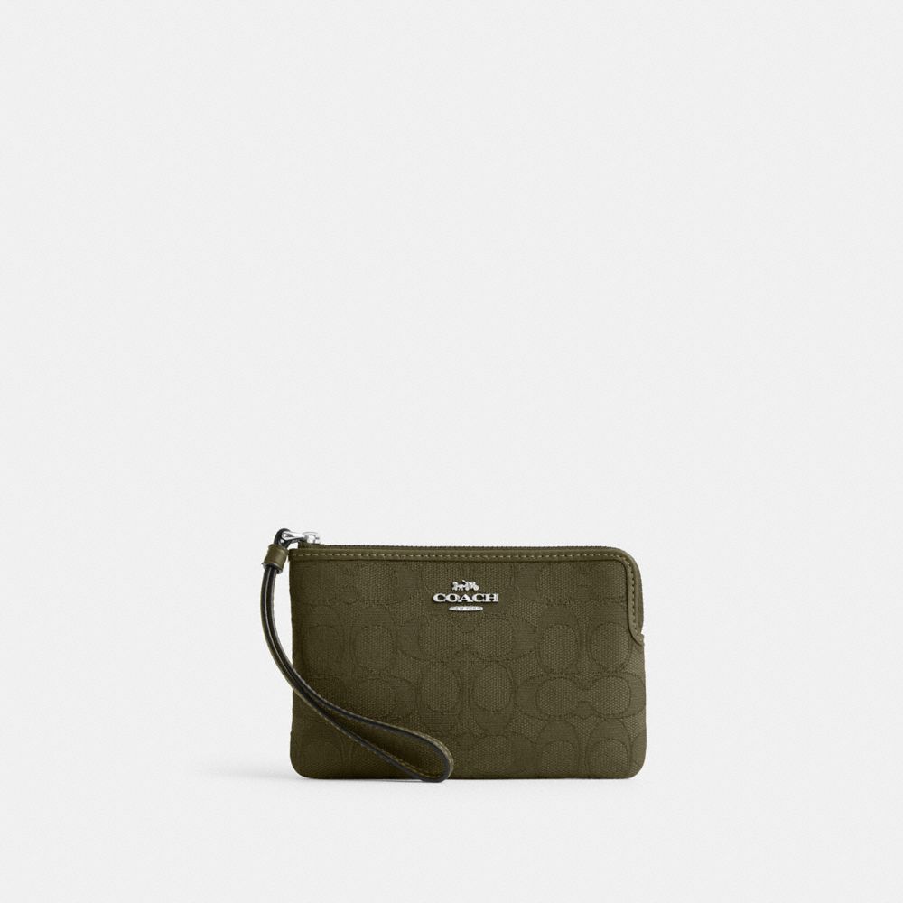 Corner Zip Wristlet In Signature Jacquard Non Leather-Silver-Olive Drab-Olive Drab Non Leather-Silver-Olive Drab-Olive Drab