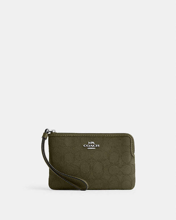 Corner Zip Wristlet In Signature Jacquard Non Leather-Silver-Olive Drab-Olive Drab Non Leather-Silver-Olive Drab-Olive Drab