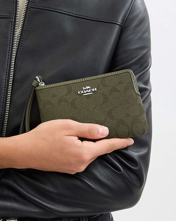 Corner Zip Wristlet In Signature Jacquard Non Leather-Silver-Olive Drab-Olive Drab Non Leather-Silver-Olive Drab-Olive Drab
