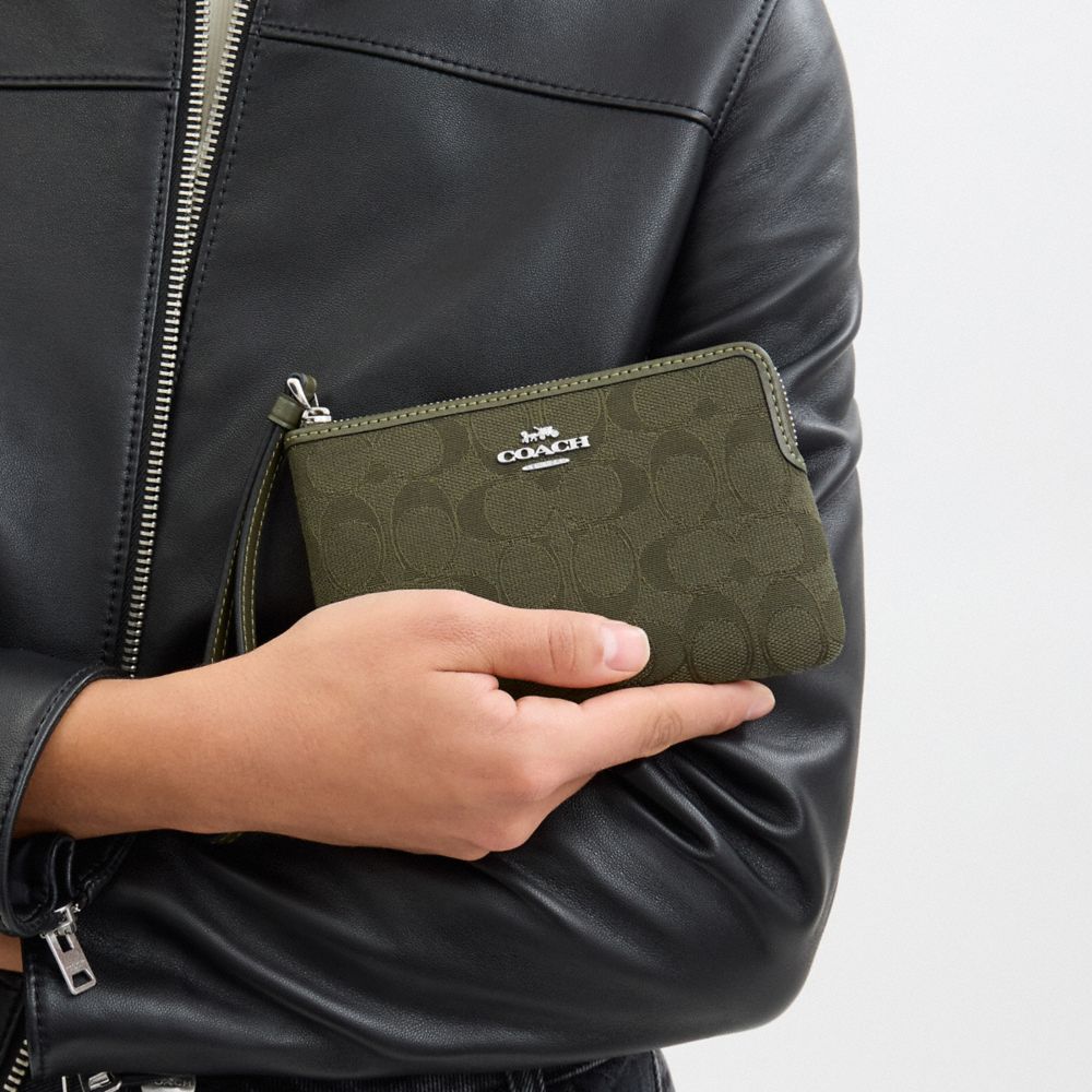 Corner Zip Wristlet In Signature Jacquard Non Leather-Silver-Olive Drab-Olive Drab Non Leather-Silver-Olive Drab-Olive Drab