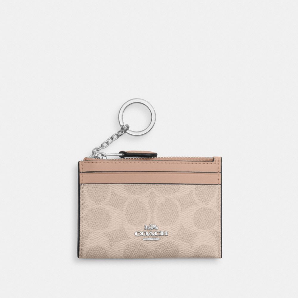 Coach Mini Skinny ID Case In Signature Canvas Silver/Sand/Taupe