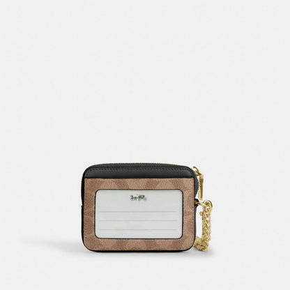 Coach Zip Card Case In Signature Canvas Gold Tan Black
