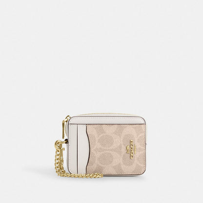 Coach Zip Card Case In Signature Canvas Gold/Sand/Chalk