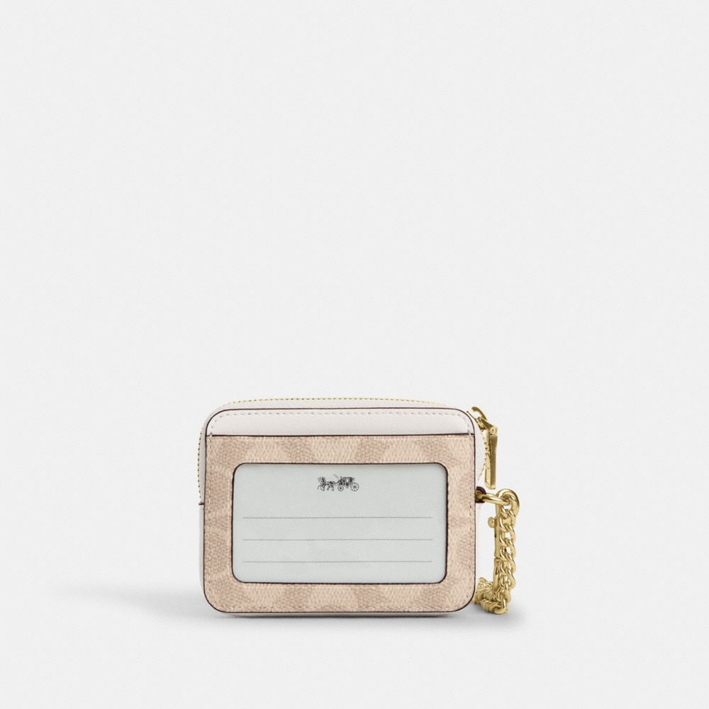 Coach Zip Card Case In Signature Canvas Gold/Sand/Chalk
