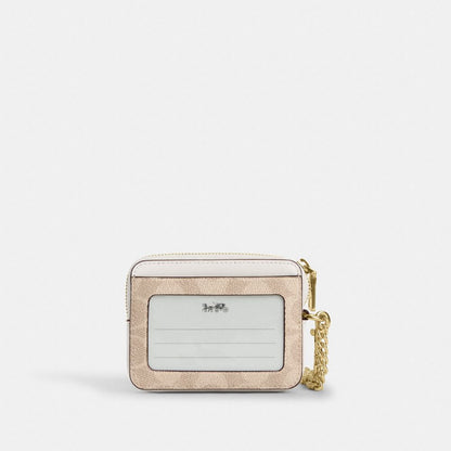 Coach Zip Card Case In Signature Canvas Gold/Sand/Chalk
