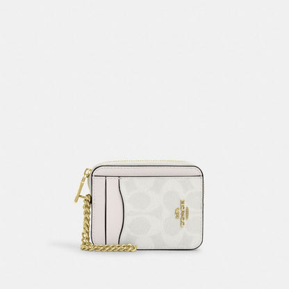 Coach Zip Card Case In Signature Canvas Gold/White/Chalk