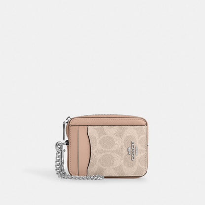 Coach Zip Card Case In Signature Canvas Silver/Sand/Taupe