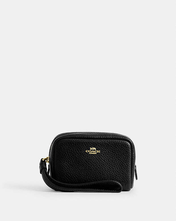 Pouch Wristlet Pebbled Leather-Gold-Black Pebbled Leather-Gold-Black