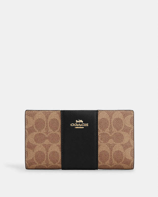 Slim Zip Wallet In Signature Canvas With Stripe Signature Canvas-Gold-Tan-Black Signature Canvas-Gold-Tan-Black