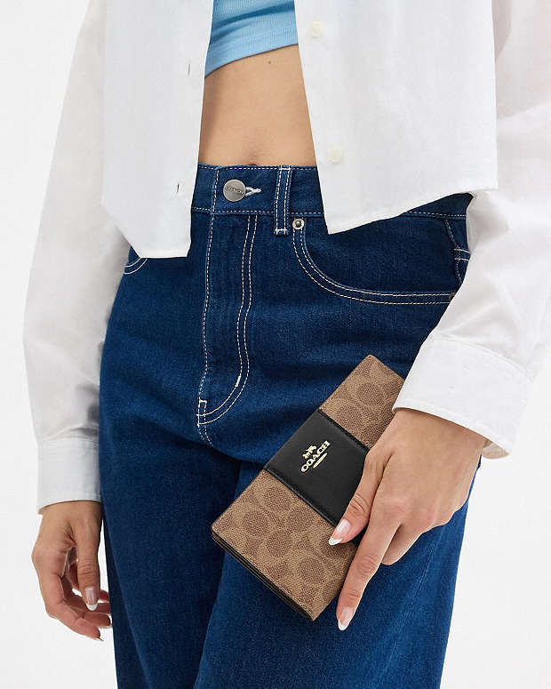 Slim Zip Wallet In Signature Canvas With Stripe Signature Canvas-Gold-Tan-Black Signature Canvas-Gold-Tan-Black
