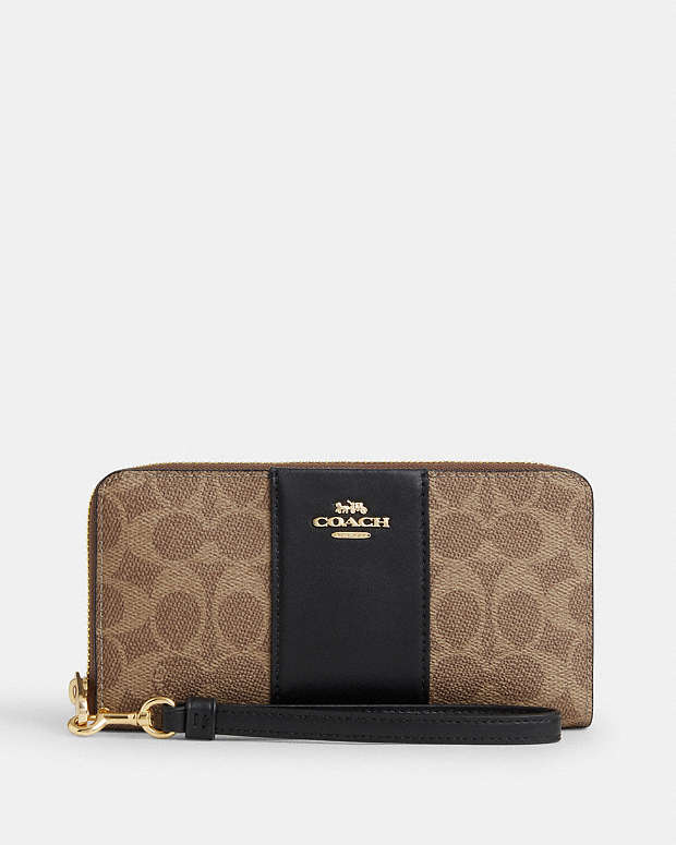 Long Zip Around Wallet In Signature Canvas With Stripe Signature Canvas-Gold-Tan-Black Signature Canvas-Gold-Tan-Black