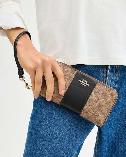 Long Zip Around Wallet In Signature Canvas With Stripe Signature Canvas-Gold-Tan-Black Signature Canvas-Gold-Tan-Black