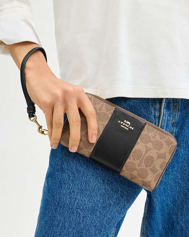 Long Zip Around Wallet In Signature Canvas With Stripe Signature Canvas-Gold-Tan-Black Signature Canvas-Gold-Tan-Black