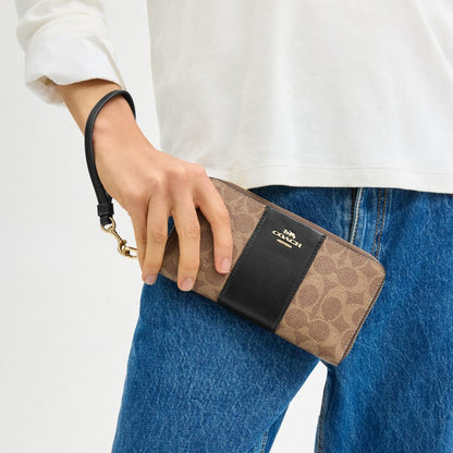 Coach Long Zip Around Wallet In Signature Canvas With Stripe Gold/Tan/Black