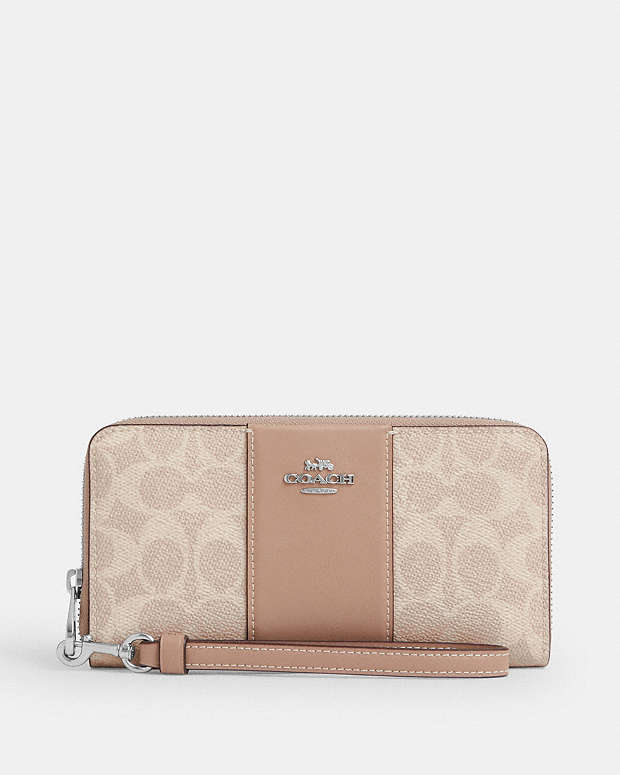 Long Zip Around Wallet In Signature Canvas With Stripe Signature Canvas-Silver-Sand-Taupe Signature Canvas-Silver-Sand-Taupe