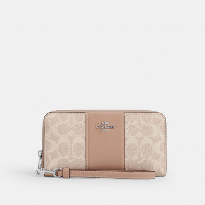 Coach Long Zip Around Wallet In Signature Canvas With Stripe Silver/Sand/Taupe