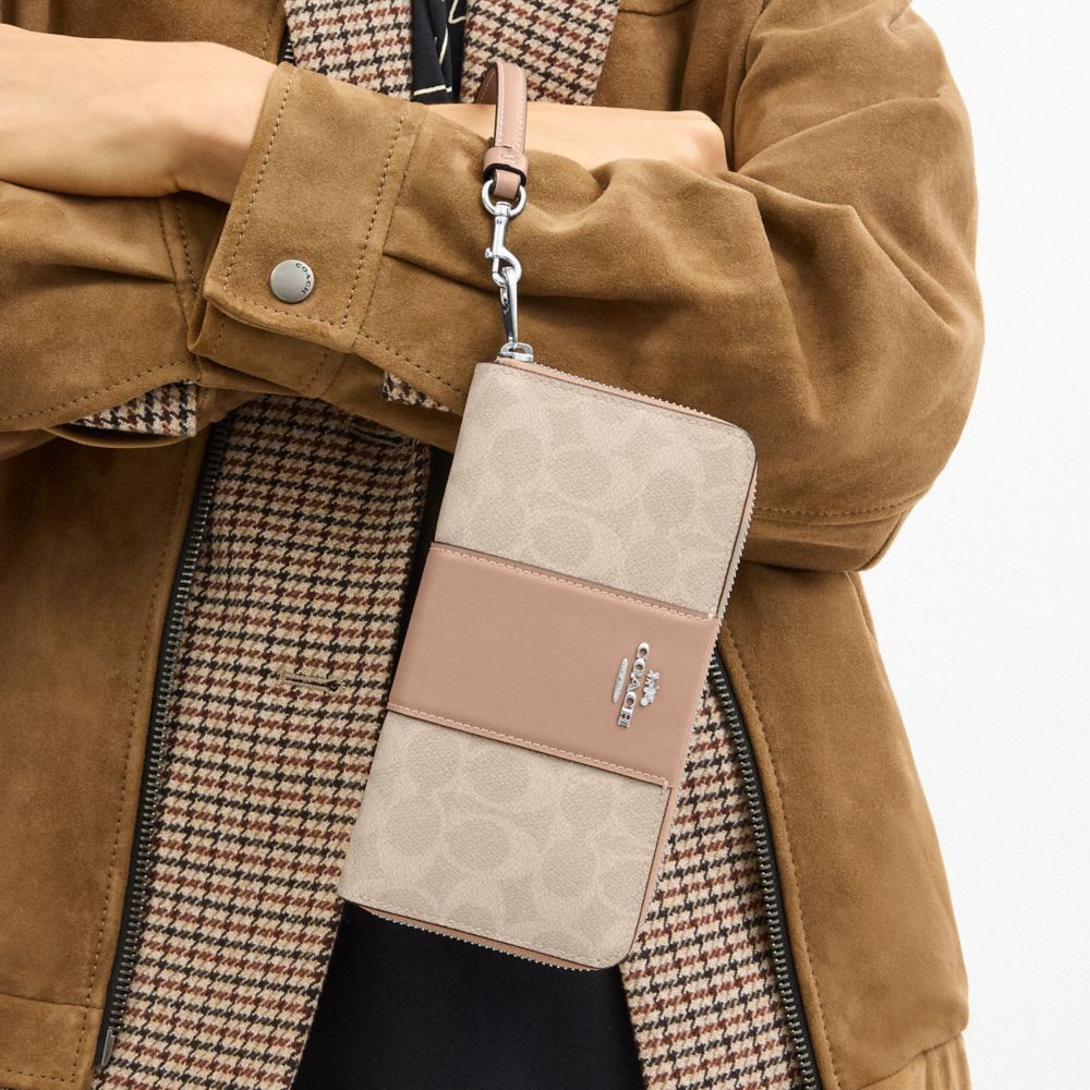 Coach Long Zip Around Wallet In Signature Canvas With Stripe Silver/Sand/Taupe