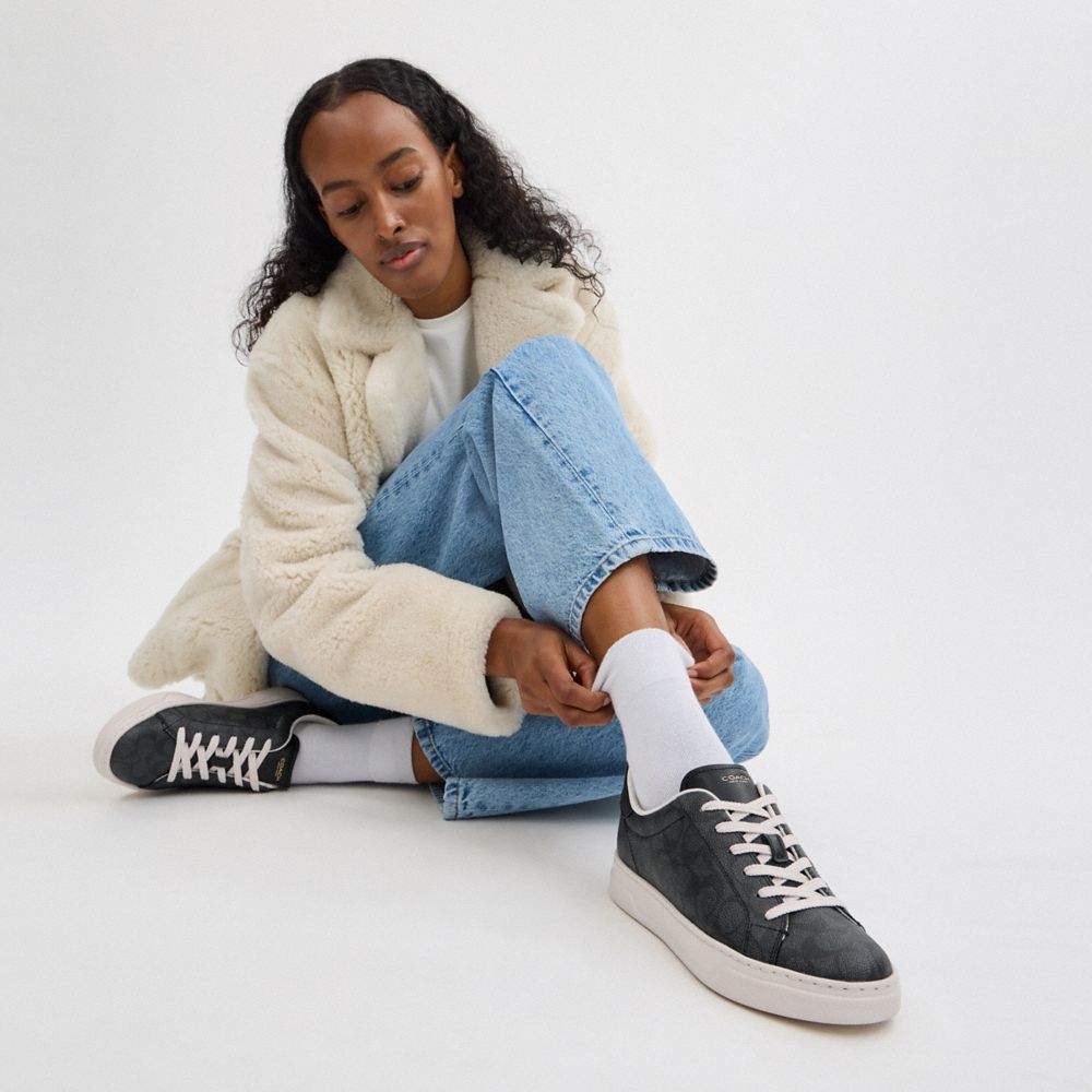 Coach High Line Sneaker In Signature Canvas Charcoal Black